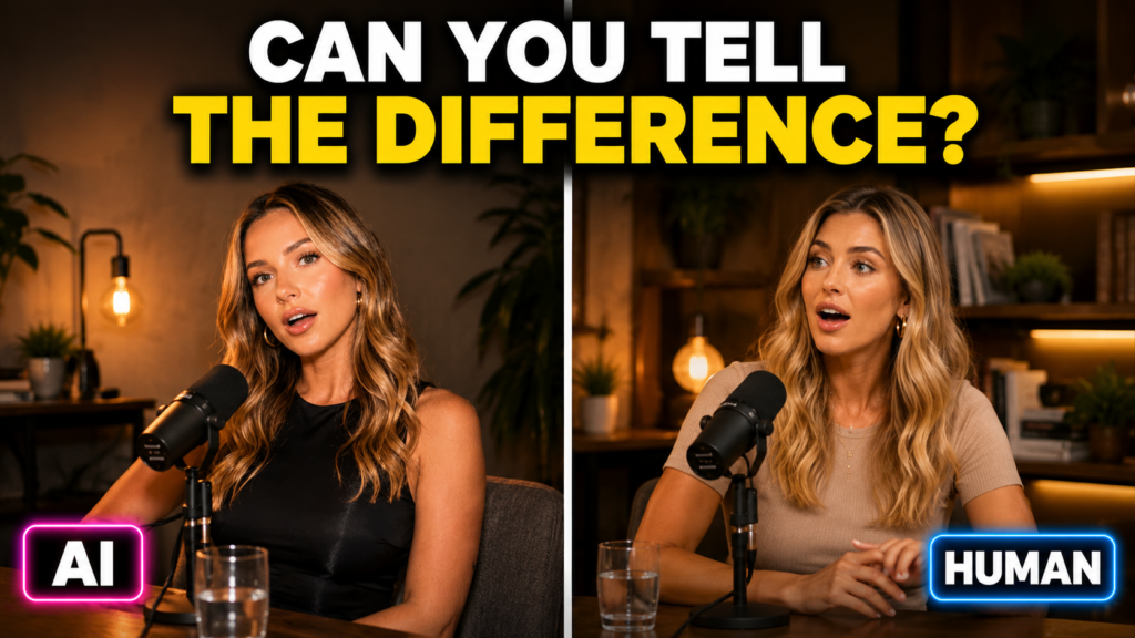 Split-screen comparison of an AI-generated influencer versus a real content creator, both speaking into podcast microphones, asking if you can tell the difference