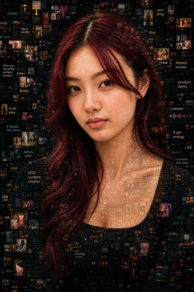 Close-up portrait of a woman made up of hundreds of tiny UGC content thumbnails, symbolizing how AI-generated influencers are built from content