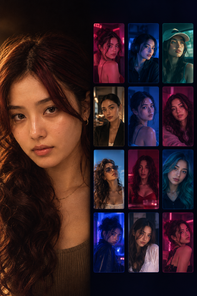 One large expensively-lit photograph next to a grid of a dozen glowing AI-generated video thumbnails, one expensive bet versus a dozen fast ones