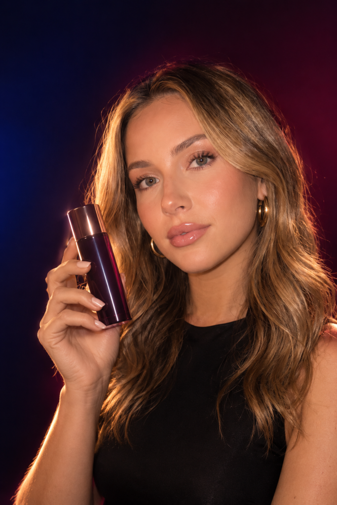 AI-generated influencer holding a product bottle in a bold editorial-style campaign shot, the kind of polish that used to take a whole production team