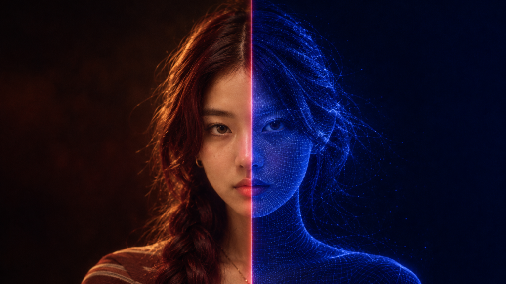 Split image of a real human face transitioning into a glowing AI wireframe face, the exact moment where the question stops being obvious